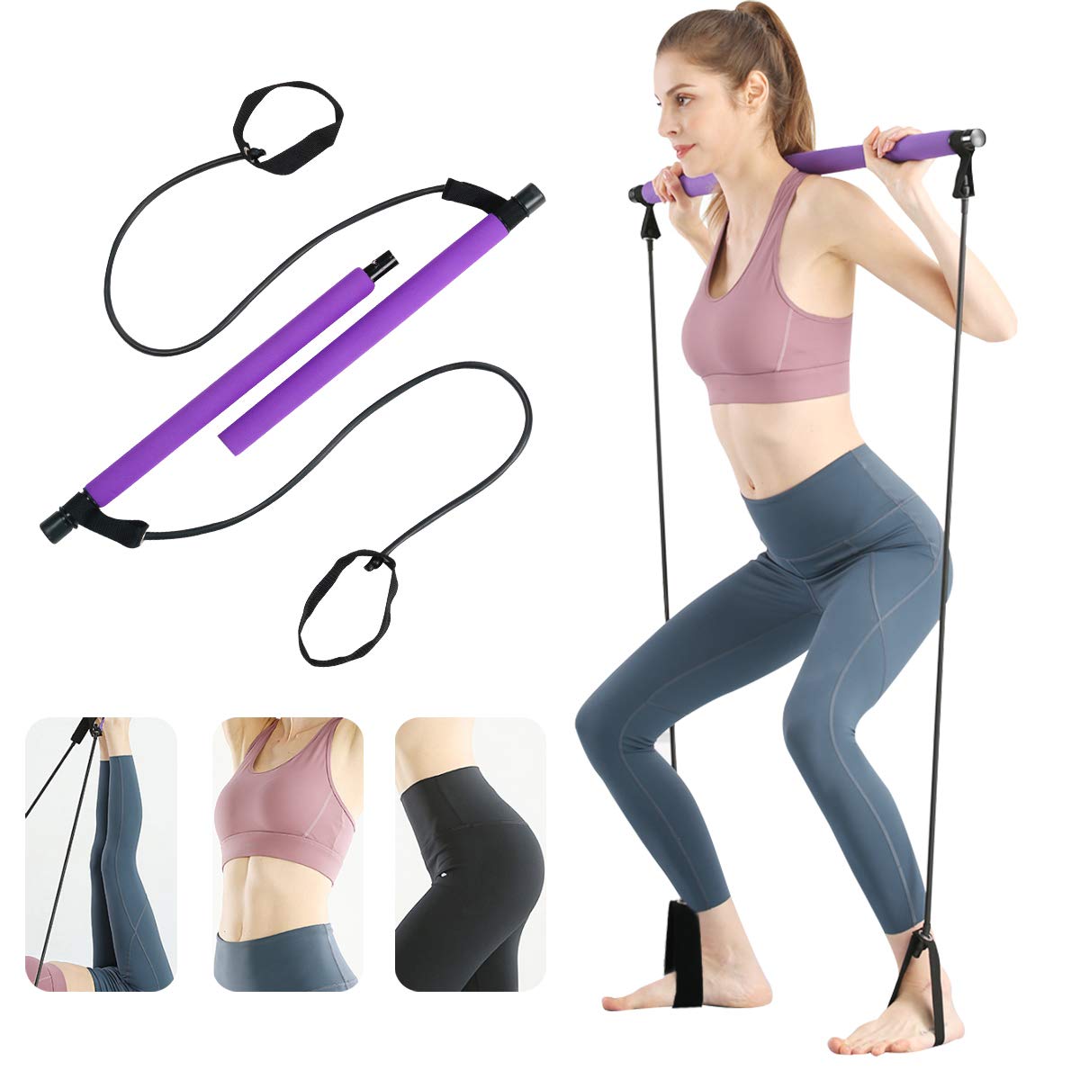 Surplex Bodybuilding Yoga Pilates Stick With Foot Loop, Resistance Band Kit, Portable Exercise Bar for Home Total Body Workout Gym Weightlifting, Color Random