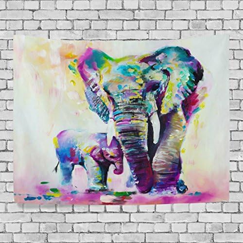 TJDY Elephant Father And Son Watercolor Canvas Modern Art DIY Style Crosswise Wall Carpet Tapestry 90x60(in)