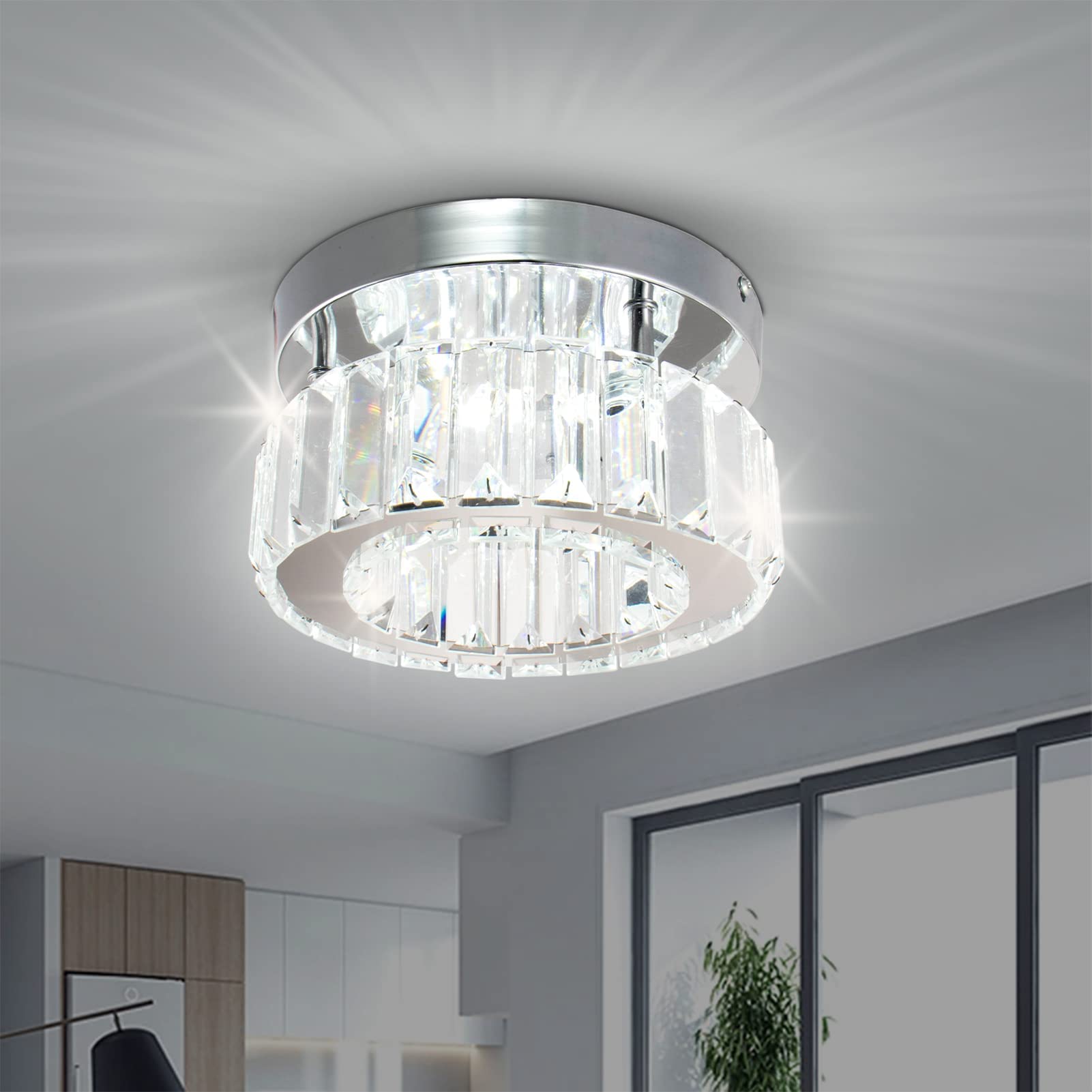 Photo 1 of CLAIRDAI Semi Flush Mount Ceiling Light Fixtures for Hallway Modern Crystal Ceiling Lights for Bedrooms Small Ceiling Chandelier Lamps for Living Room (Round,Cool White)