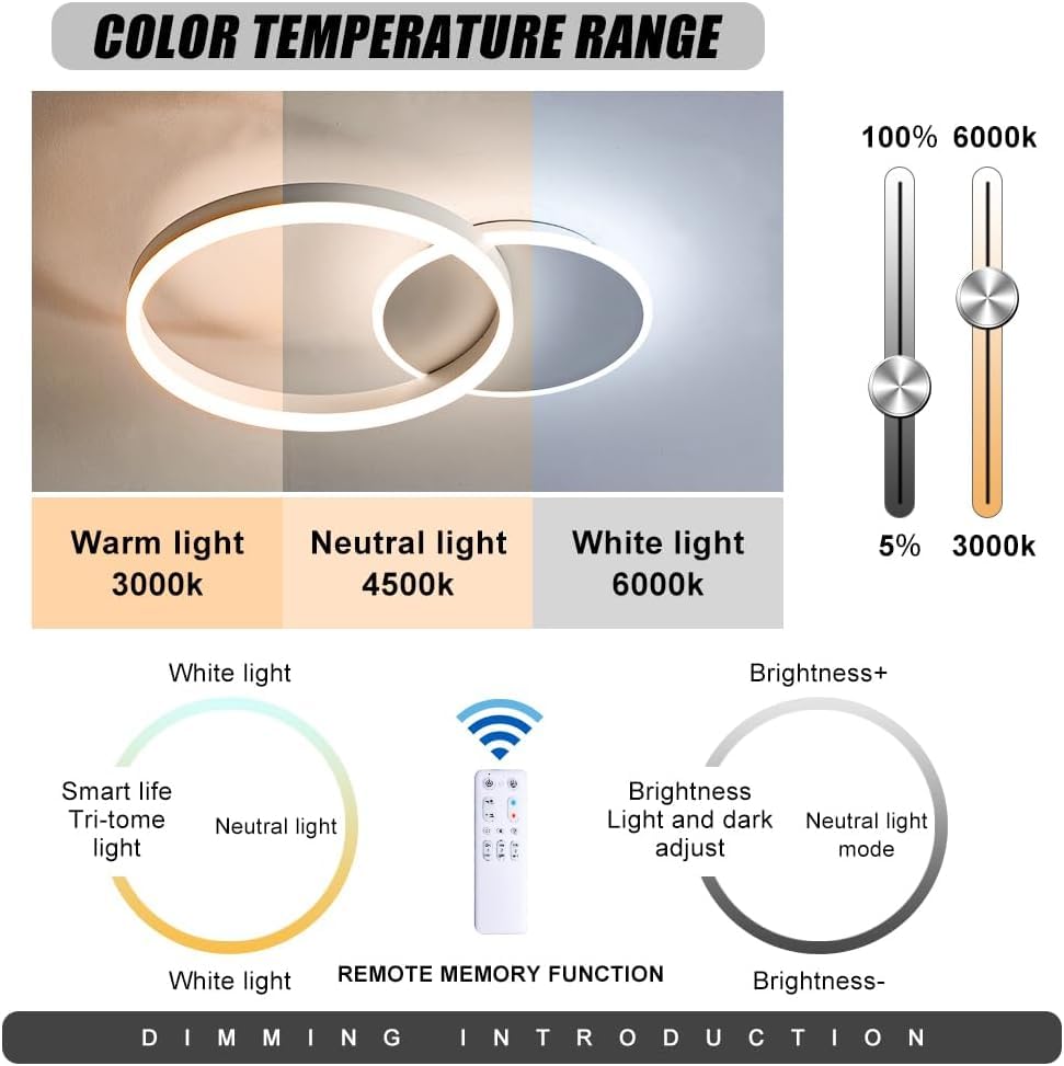 Moonm LED Ceiling Light 36 W, Dimmable LED Ceiling Light 3000 K-6000 K | bedroom chandelier with remote control, modern ceiling chandelier, aluminium, living room with two circles, ceiling lights