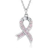 Vekoliry Breast Cancer Awareness Necklace 925 Sterling Silver Pink Ribbon Pendant Necklace Jewelry Survivor Gifts for Women