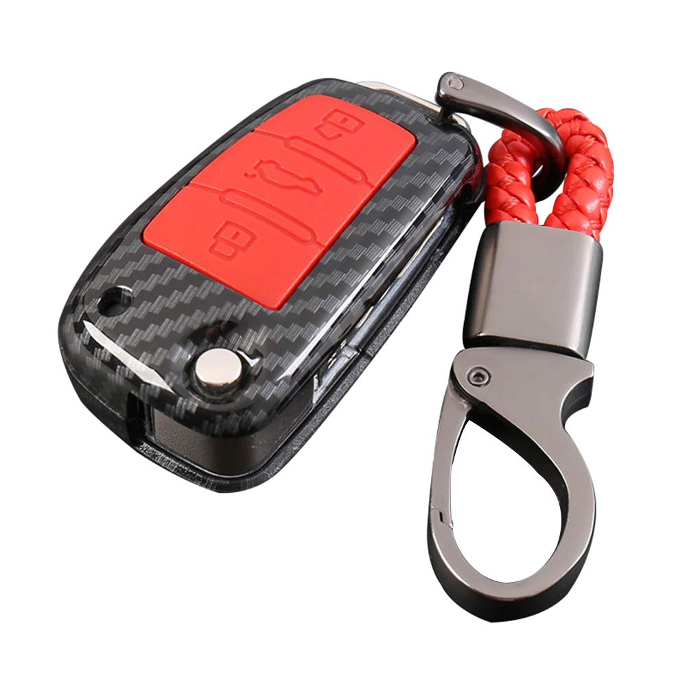 Happyit ABS Carbon Fiber Shell + Silicone Car Key Case Cover Keychain for Audi Sline A3 A5 Q3 A6 C5 C6 A4 B6 B7 B8 TT 80 S6 3 Buttons (Red)