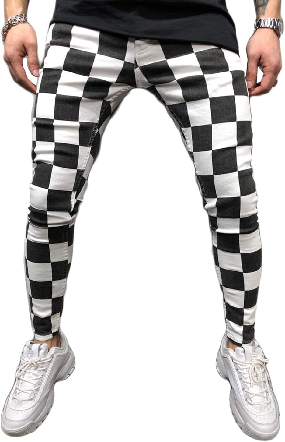 black jeans with checkered stripe