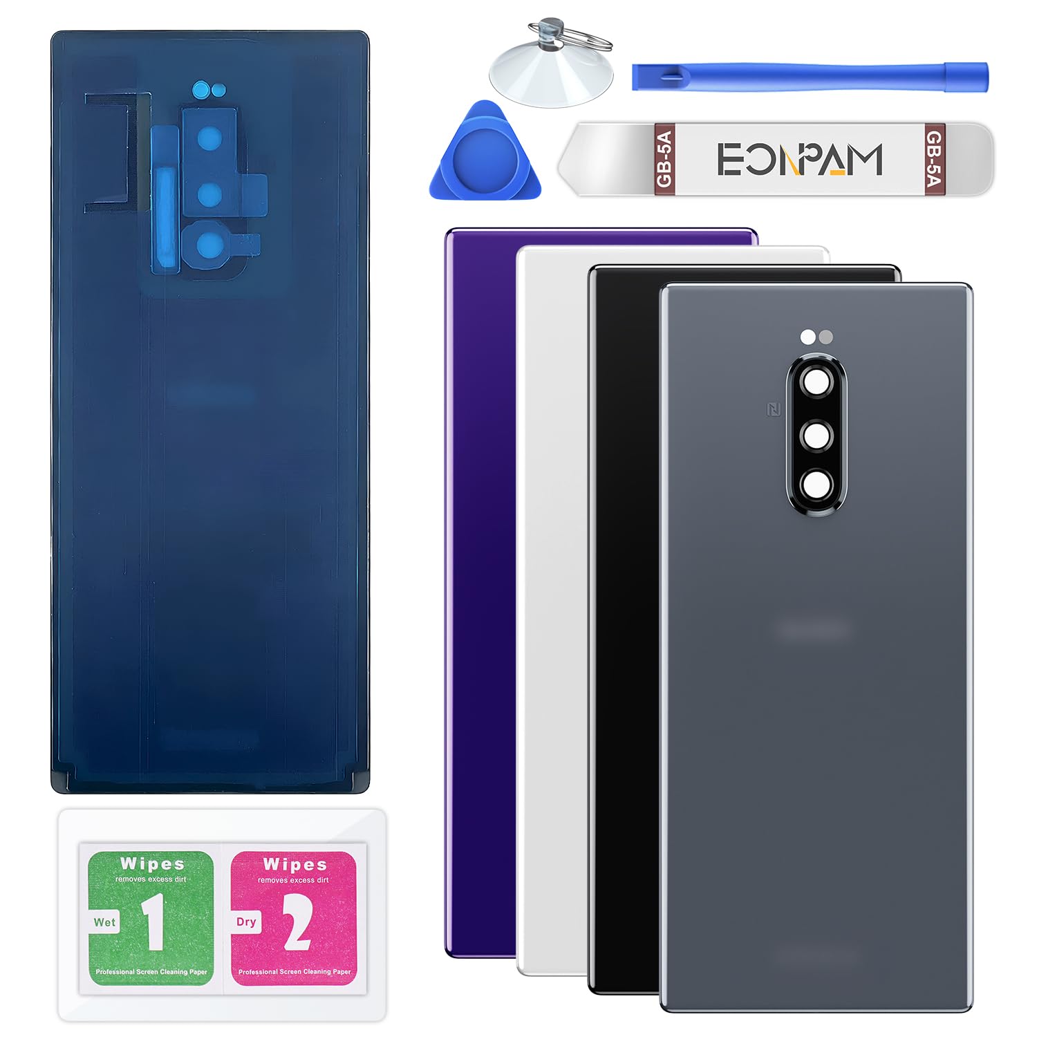 Eonpam Back Cover Glass for Sony Xperia 1 Rear Glass Replacement with Camera Lens + Repair Kit Rear Housing (Gray)