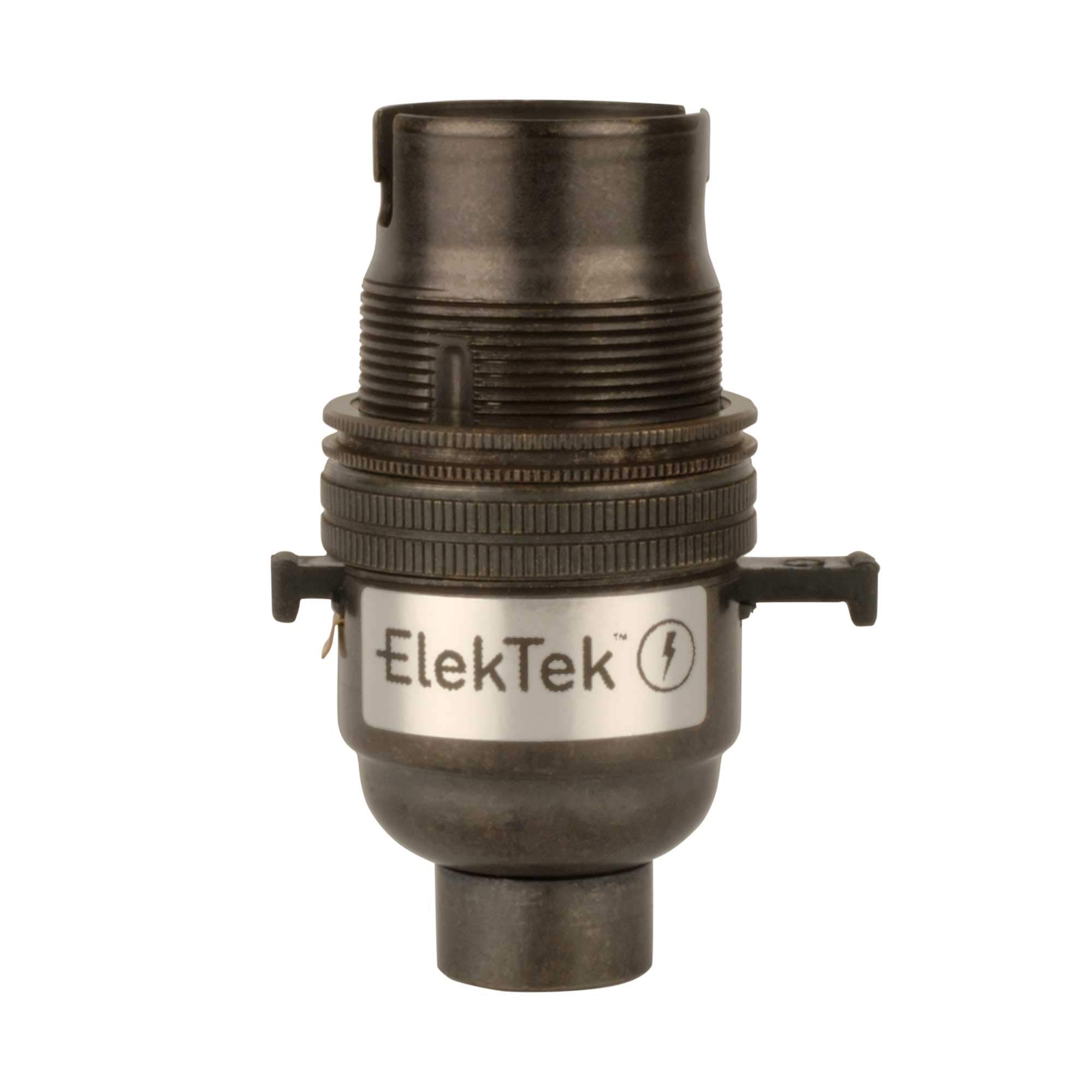 ElekTek Safety Switch Lamp Bulb Holder B22 BC Bayonet Cap & Shade Ring 1/2” 26TPI Threaded Bottom Entry Bronze Made in UK - Child Safe Switch Push Bar locks OFF & cuts power if no bulb fitted