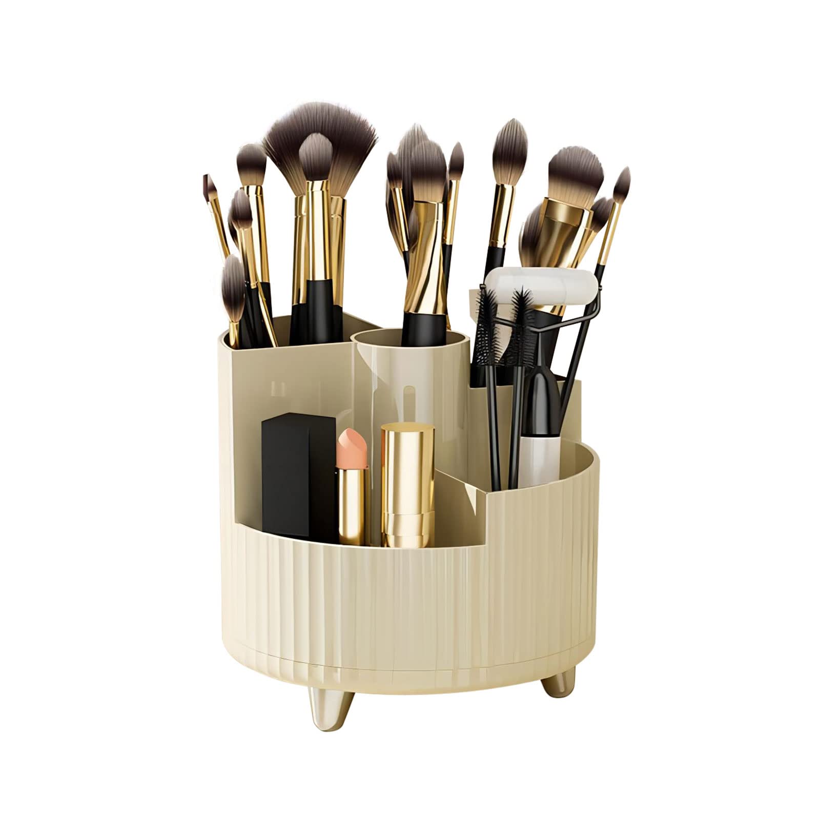 DASITON Large Capacity Makeup Organiser, 360° Rotating Makeup Brush Holder Cosmetic Skincare Storage Organiser, 5 Slots Make Up Brush Holder for Dressing Table, Bathroom, Desk Storage (Cream-S)