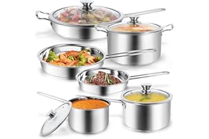 10-Piece Pots and Pans Set, Stainless Steel Cookware Set- Includes Ergonomic Handle Saucepans, Skillets, Dutch Oven, Stockpot
