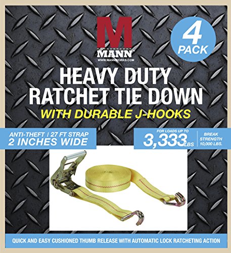 Mann Ratchet Tie Down Straps 4 Pack J Hook 27'X 2" (Extra Heavy Duty 3,333 lbs Load Capacity) - Thumbnail 3