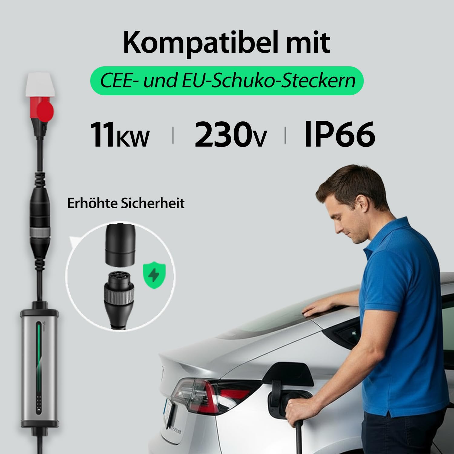 GONEO Mobile Wallbox/Ladestation 11kW 3-Phasig|8-16A|7m–Typ 2 Ladekabel mit CEE Stecker und Schuko Stecker mit Einstellbarer Ladeleistung,IP66,Kompatibel mit Model Y/3,ID3/4/5 und BEV/PHEV Tragetasche 4