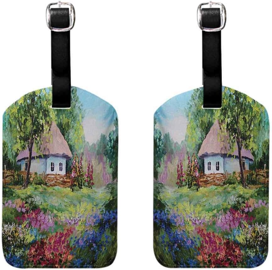Rustic mr mrs luggage tags Artistic Stone House and Small Garden With Wooden Fence Colorful Spring Flowers Baggage tag suitcase carry it with you Multicolor 2 packs