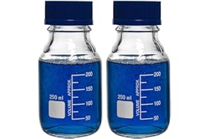 2-Pack Reagent Media Storage Bottles, 250ml Borosilicate Glass Graduated Round Bottles with GL45 Blue Screw Cap for Lab Water