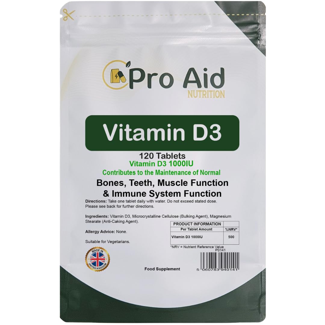 Vitamin D3 1000IU Tablets | 120 Pack | by ProAid | Easy to Swallow | One A Day | Letterbox Friendly | Made in UK | Premium Tablets