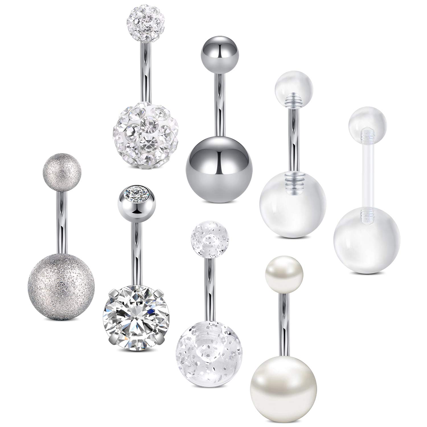 AceFun 14G Belly bar Surgical Steel 8PCS Silver Belly bar with Diamond CZ and Pearl Body Piercing Jewelry