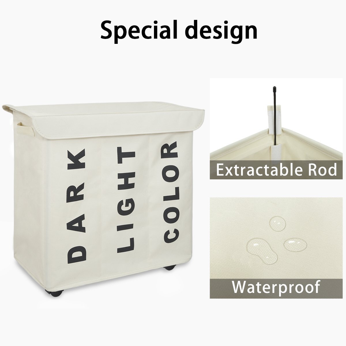 WOWLIVE 3 Section Laundry Hamper on Wheels Rolling Tall Collapsible Corner Laundry Basket Sorter with Lid Waterproof Rectangular Dirty Clothes Organizer Storage Bin (Cream)