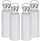 Volhoply 24oz Insulated Standard Mouth Water Bottle with Plastic & Stainless Steel Combination Lid Bulk 4 Pack, 304 18/8 Double Wall Vacuum Insulated Water Bottles, Reusable Metal Flask(White,4)