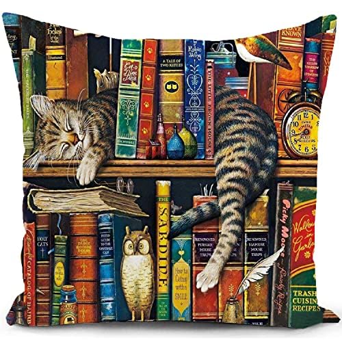 HUASHUZI Cushion Cover Cat Gifts for Cat Lovers Women Book Lovers Gifts Bookshelf Decor Throw Pillow Case Cat Sleeping Reading Study Decorations Home for Livingroom Couch Sofa 18"x18"(45x45cm) — image 1