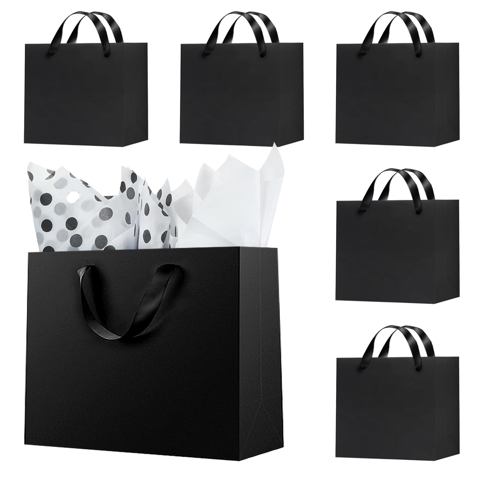 Offizon 12 Pack Black Gift Bags, 8.7x3.9x7.1 Inches Gift Bags Medium Size with Tissue Paper