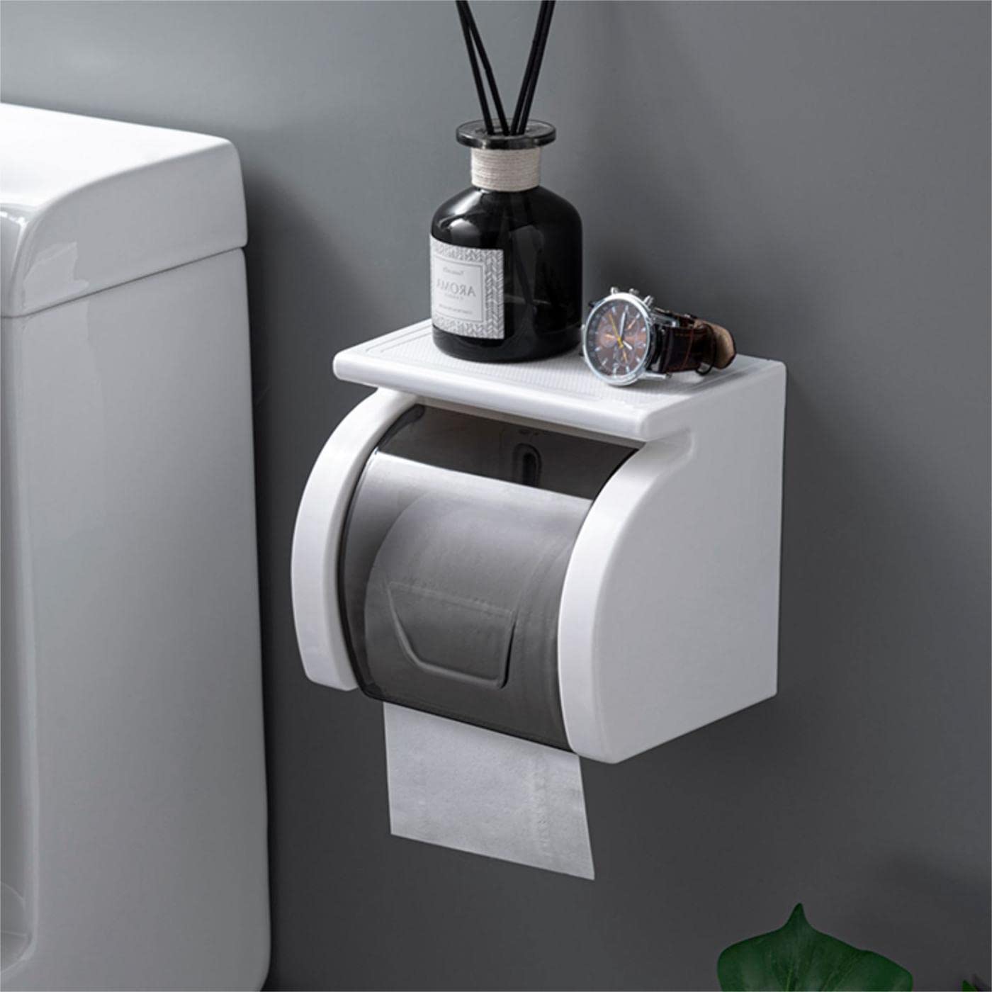 Photo 1 of Beruyu Self Adhesive Toilet Paper Holder with Shelf, Waterproof Toilet Paper Roll Holder Wall Mount for Bathroom and Washroom, White