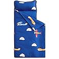 Wake In Cloud - Toddler Nap Mat with Pillow and Blanket, for Kids Boys in Kindergarten Daycare Preschool Pre K, Roll Up Sleeping Bag, Cars Vehicles Trains Airplanes, Blue White, Standard