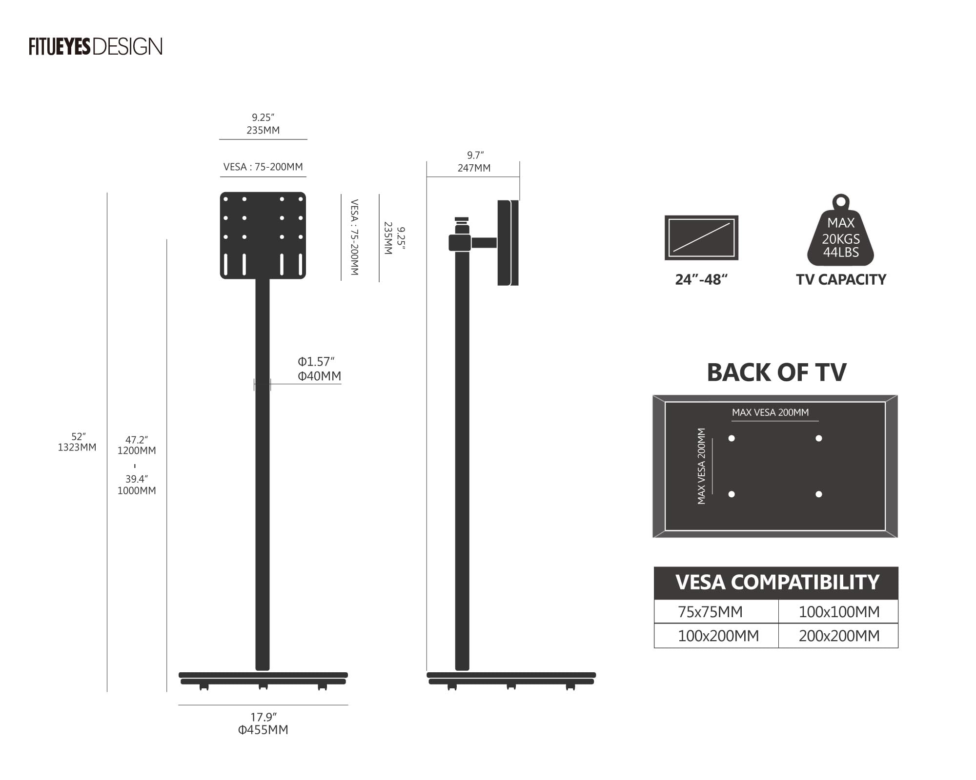 FITUEYES Design Rolling TV Stand for 24-48 inch TVs, Landscape to Portrait Rotating Mobile TV Stand on Wheels and Brake-knob, Portable TV Cart for Living Room Dormitory Outdoor, Master Series