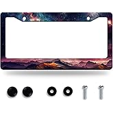 Mountain License Plate Frame Colorful Starry Sky Galaxy License Plate Stainless Steel Funny License Plate Holder Men Women Mountains Car Accessory Decoration 12.3" x 6.3"