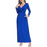 Lacavocor Women's Long Sleeve Deep V Neck Maxi Dress Casual Wrap Waist Long Dress with Pockets