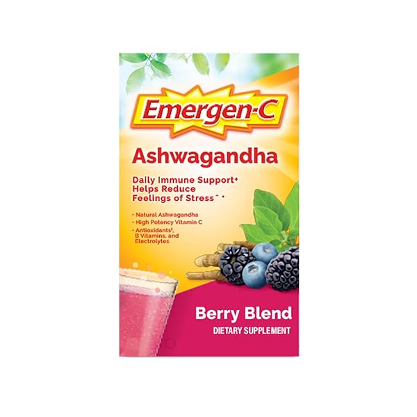 EMERGEN-C VITAMIN C ASHWAGANDHA DRINK MIX, DIETARY SUPPLEMENT FOR IMMUNE SUPPORT, BERRY BLEND – 18 COUNT