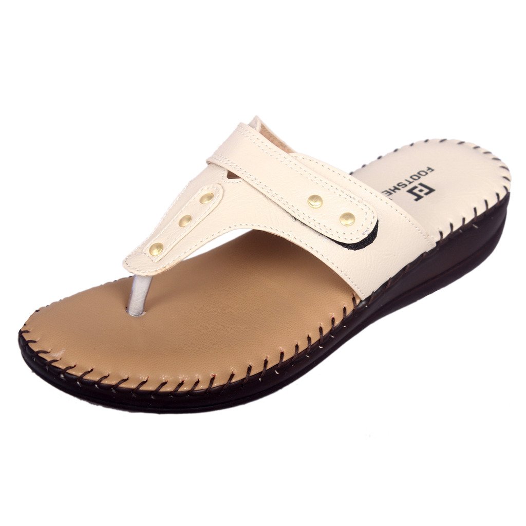 footshez women's cream stylish and adjustable doctor sole comfortable, soft and light weight flat sandles