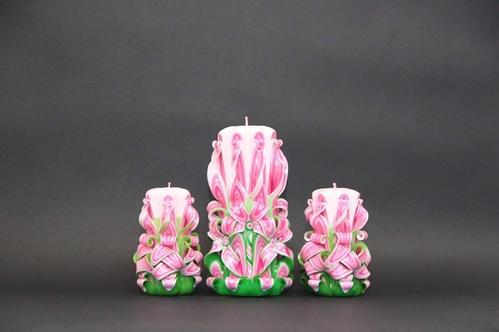 Pink and Green Carved Candles Set Decorative Bright