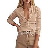 Tankaneo Womens Deep V Neck Tops Ribbed Knit Long Sleeve Henley T-Shirts Fall Slim Fit Going Out Tees