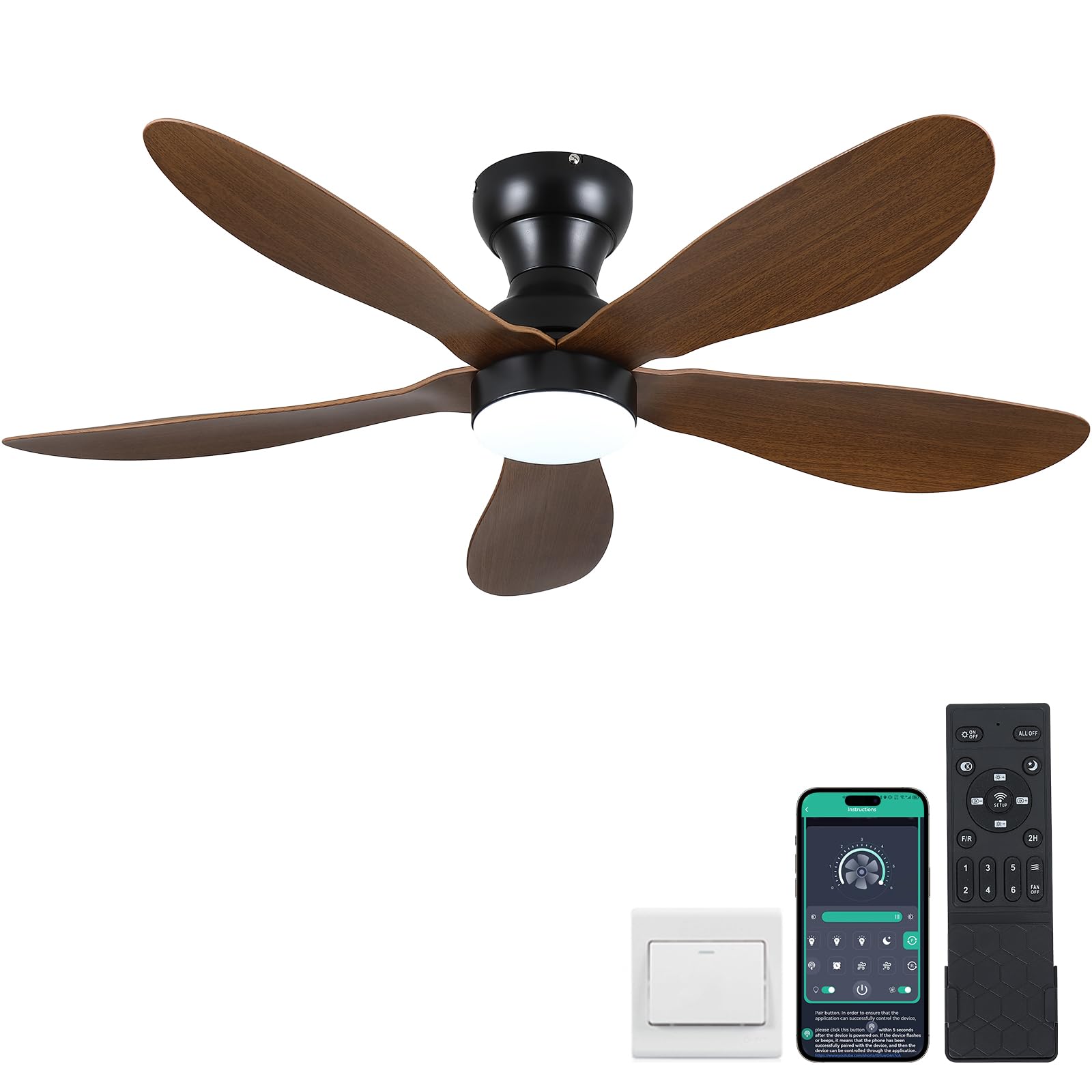 Photo 1 of Kviflon 44 Inch Modern Flush Mount Ceiling Fan with Lights, Remote/APP Control, 5 Reversible Curved Blades, LED 3 CCT Dimmable, 6 Speeds, Brown