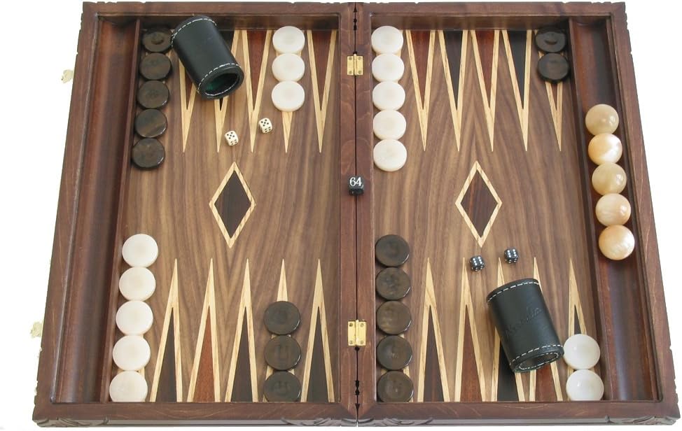 Neroulia Hand-Carved Maple Backgammon Set with Racks - (Byzantine Eagle Cover) - 19" Wood Case Brown