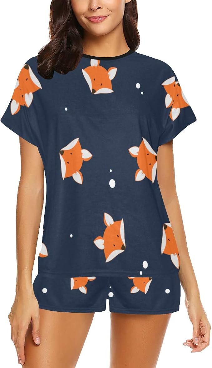 Women's Casual Pajamas Set, Cute Cartoon Fox Pattern Short Sleeve