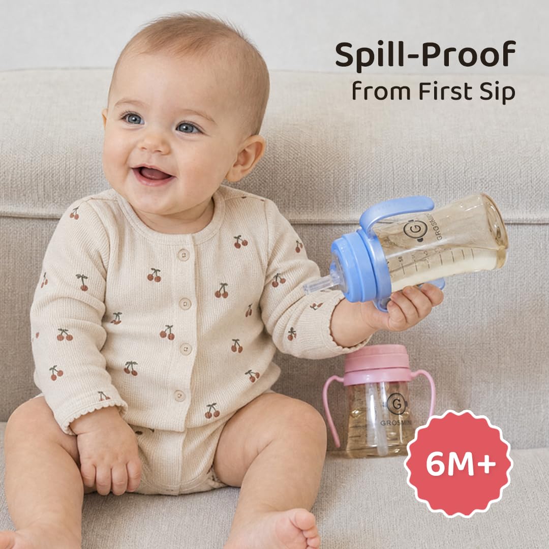 Condition photo showing New/Like New for grosmimi spill proof no spill magic sippy cup with straw with handle for baby and toddlers, customizable, ppsu, bpa free 6 oz (peach)