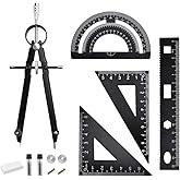 Inkurie 8 Pcs Geometry Set, Aluminum Alloy Metal Drafting Ruler Set Black Math Compass Kit Including Rulers, Protractor, Comp