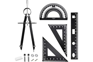 Inkurie 8 Pcs Geometry Set, Aluminum Alloy Metal Drafting Ruler Set Black Math Compass Kit Including Rulers, Protractor, Comp