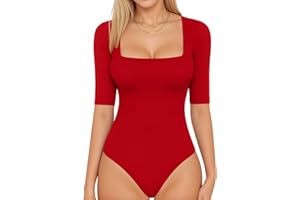 MANGOPOP Women'S Half Sleeve Bodysuit Square Neck 3/4 Sleeve Body Suits Dressy Fitted Going Out Tops