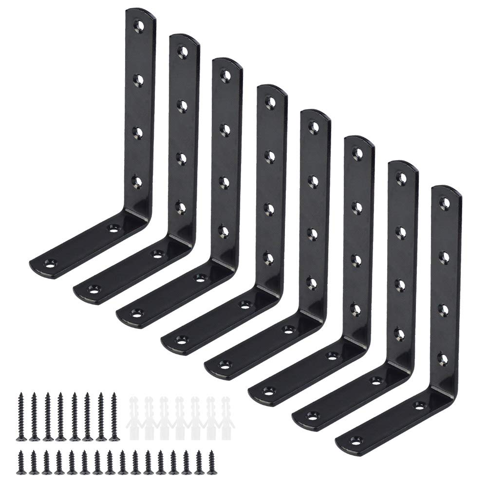8pcs Shelf Brackets, SUMERSHA Iron L-Shaped Angle Bracket Joint Corner Brace Heavy Duty Shelf Bracket Black Corner Brackets for Wall Hanging with Screws 5\