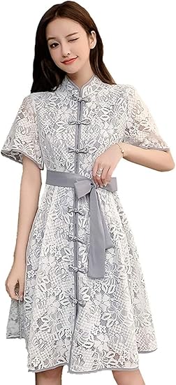 Amazon Co Jp ふーふうん レース ワンピース レースドレス 夏の新しいファッションドレス 通勤 オシャレ レディース レ 薄いトロな チャイナスタイルチャイナドレス 服 ファッション小物