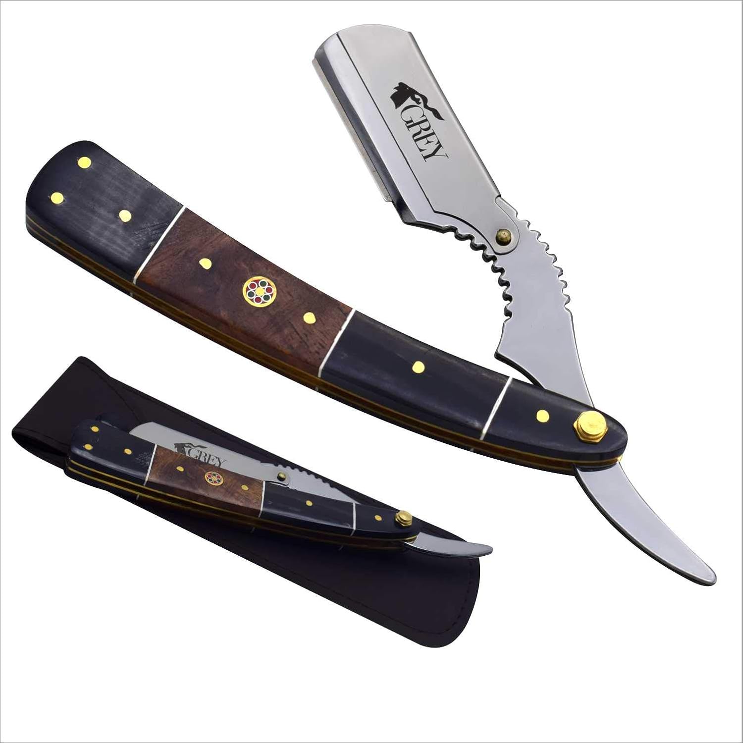 GREY INT Horn & Wood Handle Razor, Professional Barber Straight Razor, Straight Razor with 1mm Exposure, Single Edge Razor for Shaving & Hair Tattoos, Universal Blade (Horn & Wood)