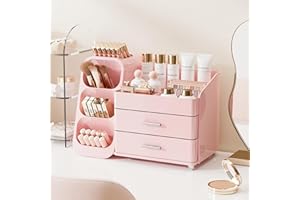 KQJS Makeup Organizer with Drawers,Large Capacity Countertop Organizer for Vanity,Bathroom and Bedroom Desk Cosmetics Organizer,Easy To Storage Skincare,Brushes,Lotions,Lipstick (All Pink)