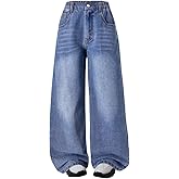 Nivne Tco Tween Girls Jeans Casual Kids Wide Leg Trousers Zipper Fly Loose Fit Baggy Denim Pants with Pockets