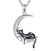 WSX Fox/Black Cat/Panda/Axolotl Moon Pendant Necklace for Women 925 Sterling Silver Crescent Moon Animal Necklace Cute Animal Birthday Jewelry Gifts