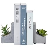 MyGift Concrete L-Shaped Bookends with Artificial Succulent Plants, 1 Pair | Weighted concrete construction helps keep books upright while faux greenery adds a natural decorative accent to shelves