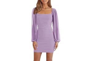 Ofenbuy Women's Mesh Long Sleeve Dress Square Neck Ruched Mini Bodycon Dress Stretch Party Cocktail Dresses