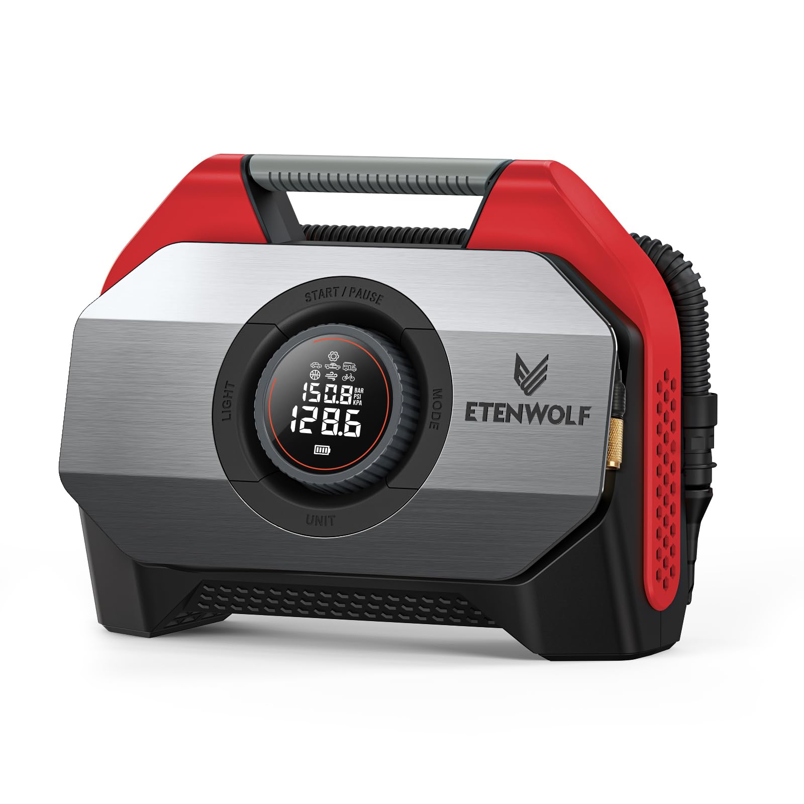 ETENWOLF Vortex S6 Tire Inflator Portable Air Compressor for Heavy-Duty Vehicle, Cordless Air Pump for Car & Inflatables with 19200 mAh Battery, 100% Duty Cycle & Dual Cylinder Bike Pump, Red