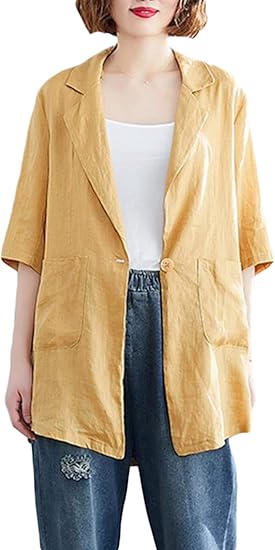 Amazon Shuming テーラード ジャケット レディース 麻 ジャケット 薄手 半袖 無地 アウター 夏 通勤 事務服 大きいサイズ 黄色 スーツ コート ジャケット 通販
