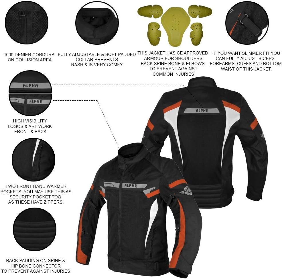 ALPHA CYCLE GEAR BREATHABLE BIKERS RIDING PROTECTION MOTORCYCLE JACKET MESH CE ARMORED (BLACK WIND, MEDIUM): Automotive