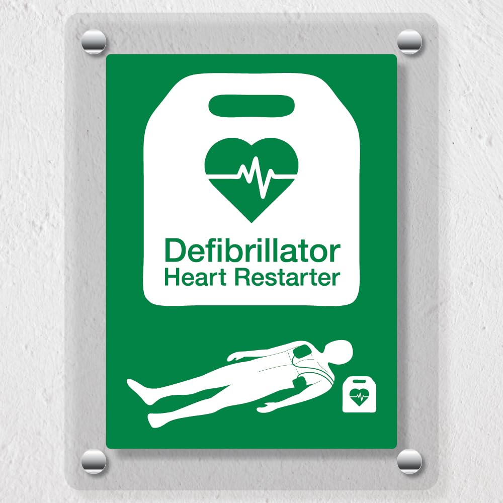 V Safety Defibrillator Heart Restarter – RESUS Council & BHF Approved - 200 x 300 mm - Acrylic Perspex Cast Clear Safety Sign