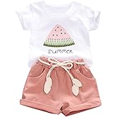 YOUNGER TREE Toddler Baby Girls Clothes Watermelon T-shirt + Linen Shorts with Belt Cute Summer Short Set
